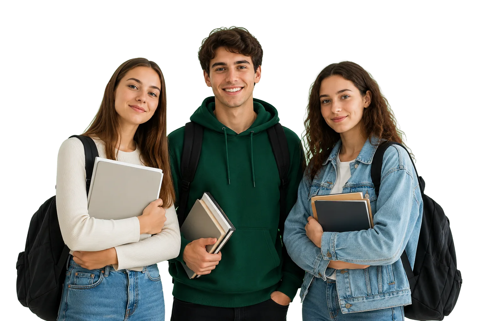 Three smiling students holding books and notebooks